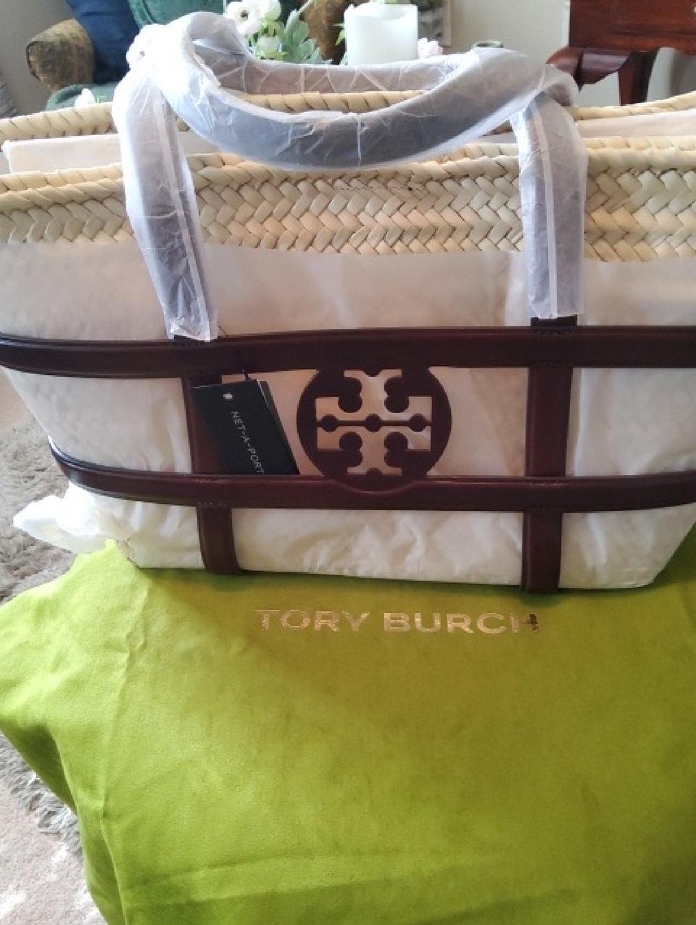 Tory Burch Cream With Brown Leather Trim Woven Tote Bag